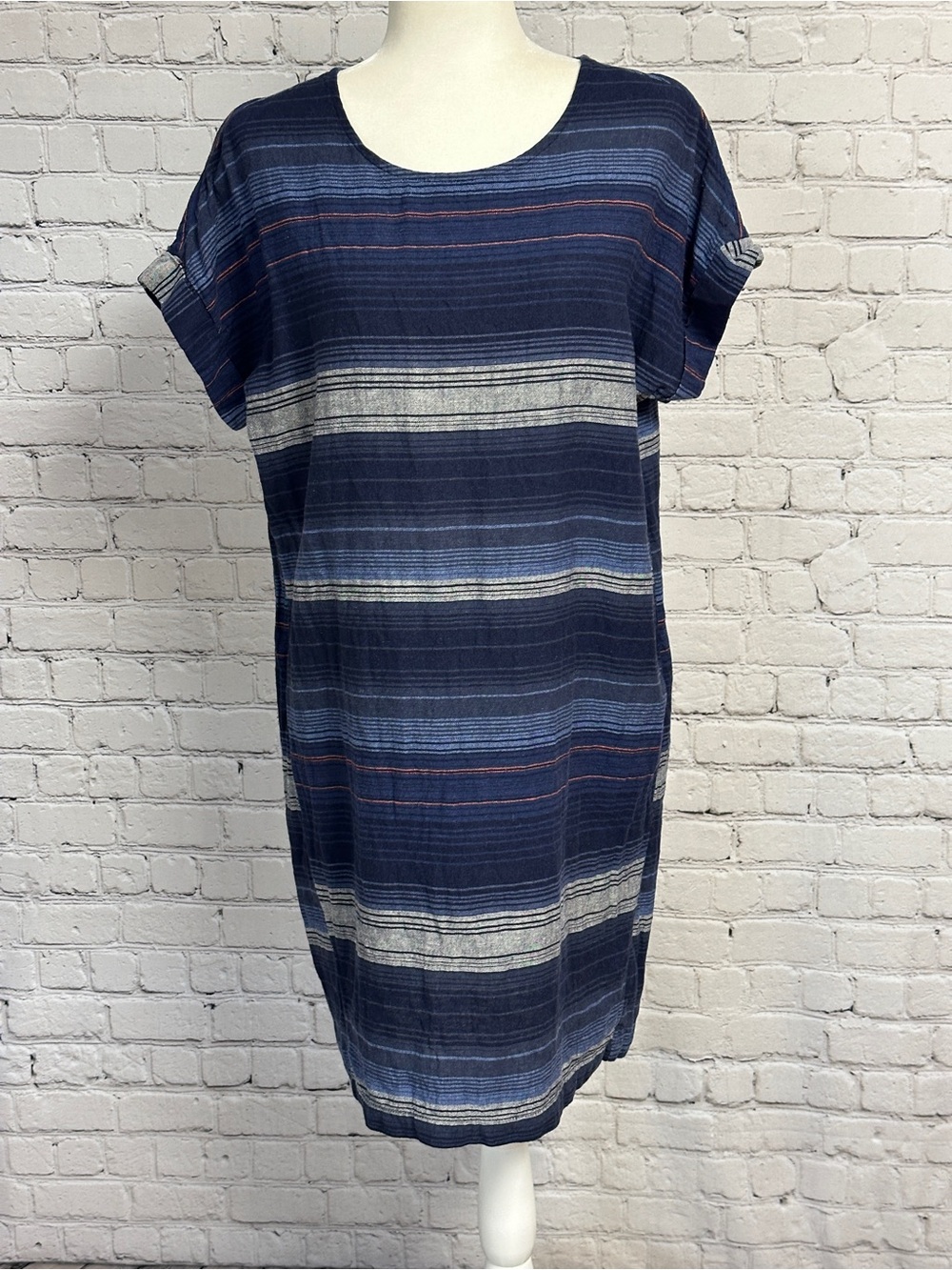 Old Navy Navy and Light Blue Striped Shift Dress with Rust Accents